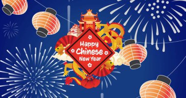 Image of chinese decorations. , happy chinese new year and fireworks on blue background. Chinese culture, tradition, new year and celebration concept digitally generated image. clipart