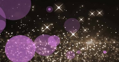 Düşen noel yıldızlarının resmi ve siyah arkaplanda ışık lekeleri. Noel, şenlik, kutlama ve gelenek konsepti dijital olarak oluşturuldu.