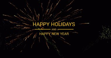 Image of happy holidays text over fireworks. Christmas, celebration and digital interface concept digitally generated image. clipart