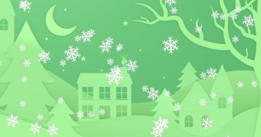 Siyah bir zemine düşen birden fazla parlak kar tanesinin dijital olarak oluşturulmuş görüntüsü. Görüntü aynı zamanda karla kaplı bir manzarayı, evi, ağaçları ve hilal ayını da içerir..