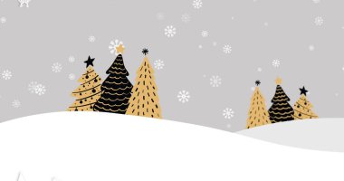 Image of snow falling over christmas trees and winter landscape. christmas, tradition and celebration concept digitally generated image. clipart