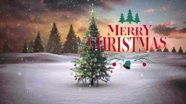 Noel ağacı ve kış manzarasıyla ilgili mutlu noel mesajlarının animasyonu. Noel, gelenek ve kutlama konsepti dijital olarak oluşturuldu.