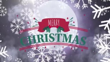 Mavi arka planda dolunayın üzerine düşen kar taneleriyle ilgili neşeli Noel mesajlarının animasyonu. Noel, şenlik, kutlama ve gelenek konsepti dijital olarak oluşturuldu.