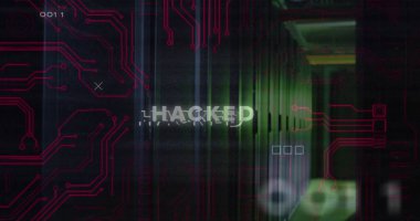 Veri işleme ve sunucu odası üzerinden hacklenmiş metnin resmi. Teknoloji ve dijital arayüz kavramı dijital olarak oluşturuldu.