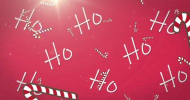 Kar yağışı ve kırmızı arka planda şeker kamışı resmi. Noel, şenlik, kutlama ve gelenek konsepti dijital olarak oluşturuldu.