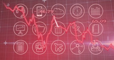 Financial data and icons image over red fluctuating graph background. Finance, economy, trading, stock market, investment, analytics clipart