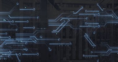 Diyagramlar üzerinden bağlantı ağı ve sunucu odası resmi. Küresel iş ve dijital arayüz kavramı dijital olarak oluşturulmuş görüntü.