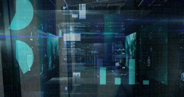 Sunucu odası ve diyagramlar üzerinde veri işleme resmi. Küresel iş ve dijital arayüz kavramı dijital olarak oluşturulmuş görüntü.