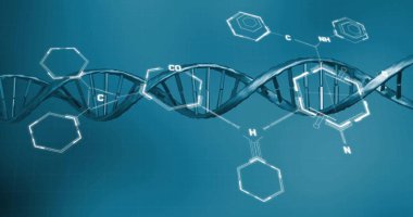 DNA iplikçikleri üzerinde bilimsel veri işleme görüntüsü. Küresel bilim, bağlantılar, hesaplama ve veri işleme kavramı dijital olarak oluşturulmuş görüntü.