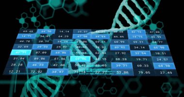 DNA standı ve ızgara üzerinde dijital veri işleme resmi. Küresel bilim, bağlantılar, hesaplama ve veri işleme kavramı dijital olarak oluşturulmuş görüntü.