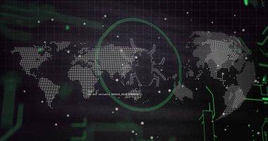 Dünya ve dünya haritasında bilimsel veri işleme görüntüsü. Küresel bilim, bağlantılar, hesaplama ve veri işleme kavramı dijital olarak oluşturulmuş görüntü.