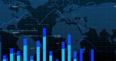 Diyagramlar ve dünya haritası üzerinde veri işleme resmi. Teknoloji, iş ve dijital arayüz kavramı dijital olarak oluşturulmuş görüntü.