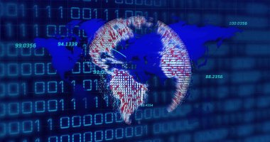 Veri işleme ve kara arkaplanda ikili kodlama üzerine dünya haritası. Küresel iş, teknoloji ve dijital arayüz kavramı, dijital olarak oluşturulmuş görüntü.