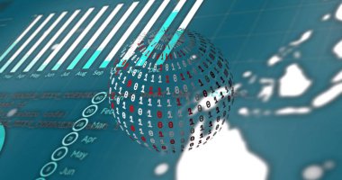 Veri işleme ve dünya üzerindeki diyagramların resmi. Teknoloji ve dijital arayüz kavramı dijital olarak oluşturuldu.