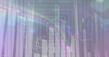 Diyagramlar üzerinde beyaz şekiller ve dijital tünel görüntüsü. Küresel iş ve dijital arayüz kavramı dijital olarak oluşturulmuş görüntü.