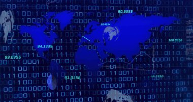 Veri işleme ve kara arkaplanda ikili kodlama üzerine dünya haritası. Küresel iş, teknoloji ve dijital arayüz kavramı, dijital olarak oluşturulmuş görüntü.