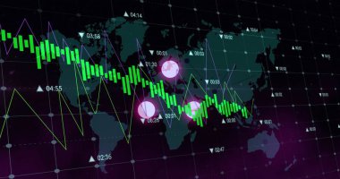 Finansal veriler ve dünya haritası üzerinden borsa şeması. Maliye, yatırım, ticaret, küresel, ekonomi, veri analizi