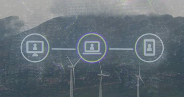 Dağlık arazideki rüzgar türbinleri üzerinden bağlı cihazlar ağı görüntüsü. Teknoloji, IoT, rüzgar enerjisi, sürdürülebilirlik, bağlantı, yenilenebilir
