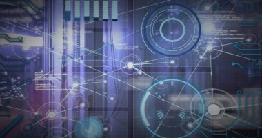 Bilgisayar sunucuları üzerinden veri işleme resmi. Küresel finans, iş, bağlantılar, bulut hesaplama ve veri işleme kavramı dijital olarak oluşturuldu.