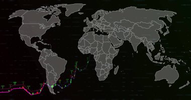 Diyagramlar ve dünya haritası üzerinde veri işleme resmi. Teknoloji, iş ve dijital arayüz kavramı dijital olarak oluşturulmuş görüntü.