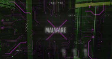 Veri işleme ve sunucu odası üzerinden kötü amaçlı yazılımın resmi. Teknoloji ve dijital arayüz kavramı dijital olarak oluşturuldu.