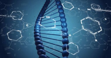 Mavi arka planda kimyasal formül ve DNA ipliği. Bilim, teknoloji ve dijital arayüz kavramı dijital olarak oluşturuldu.