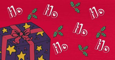 Kırmızı arka planda Noel süslerinin üzerine düşen kar görüntüsü. Noel, şenlik, kutlama ve gelenek konsepti dijital olarak oluşturuldu.