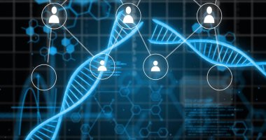 DNA stantları ve ikili kodlama üzerinde insan simgeleri, bağlantılar ve veri işleme imgeleri. Küresel bilim, bağlantılar, hesaplama ve veri işleme kavramı dijital olarak oluşturulmuş görüntü.