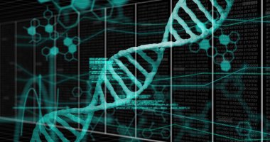 DNA standı ve ızgara üzerinde dijital veri işleme resmi. Küresel bilim, bağlantılar, hesaplama ve veri işleme kavramı dijital olarak oluşturulmuş görüntü.