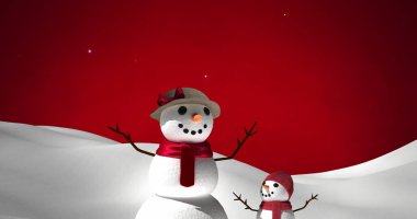 Two snowmen stand in a winter landscape, with copy space. They evoke the festive spirit of the holiday season in an outdoor snowy setting. clipart