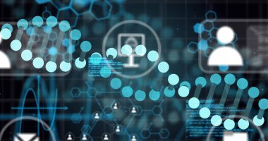 Soyut ağ ve veri işleme resmi üzerinde dijital iletişim simgeleri. Teknoloji, bağlantı, internet, siber, sanal, geleceksel