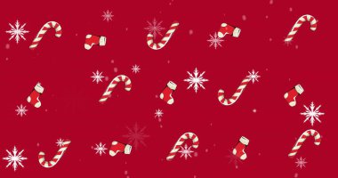 Kırmızı arka planda Noel süslerinin üzerine düşen kar görüntüsü. Noel, şenlik, kutlama ve gelenek konsepti dijital olarak oluşturuldu.