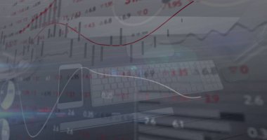 Akıllı telefon ve bilgisayar üzerinden finansal veri işleme resmi. Küresel finans, iş, bağlantılar, hesaplama ve veri işleme kavramı dijital olarak oluşturuldu.