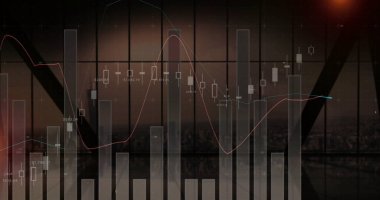 Şehirdeki finansal veri işleme görüntüsü. Küresel finans, iş, bağlantılar, hesaplama ve veri işleme kavramı dijital olarak oluşturuldu.