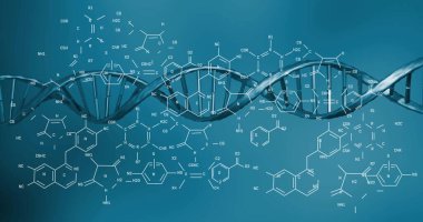 DNA iplikçikleri üzerinde bilimsel veri işleme görüntüsü. Küresel bilim, bağlantılar, hesaplama ve veri işleme kavramı dijital olarak oluşturulmuş görüntü.