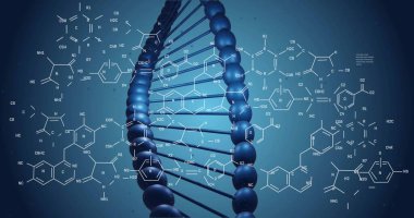 DNA iplikçikleri üzerinde bilimsel veri işleme görüntüsü. Küresel bilim, bağlantılar, hesaplama ve veri işleme kavramı dijital olarak oluşturulmuş görüntü.