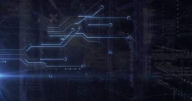 Sunucu odasındaki bağlantı ve diyagramların resmi. Küresel iş ve dijital arayüz kavramı dijital olarak oluşturulmuş görüntü.