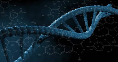 Kimyasal formülün resmi ve siyah arkaplanda DNA ipliği. Bilim, teknoloji ve dijital arayüz kavramı dijital olarak oluşturuldu.