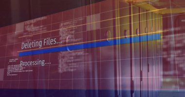 Sunucu odasında veri işleme resmi. Teknoloji ve dijital arayüz kavramı dijital olarak oluşturuldu.