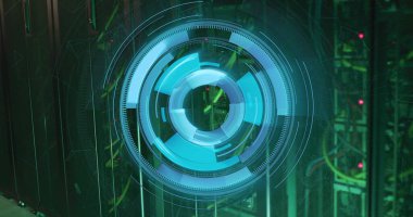 Bilgisayar sunucuları üzerinden tarama ve dijital veri işleme görüntüleri. Dijital olarak oluşturulmuş küresel bağlantılar, hesaplama ve veri işleme kavramı.