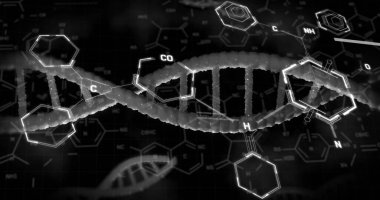 Kimyasal formülün resmi ve siyah arkaplanda DNA ipliği. Bilim, teknoloji ve dijital arayüz kavramı dijital olarak oluşturuldu.