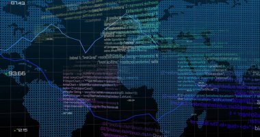 Diyagramlar ve dünya haritası üzerinde veri işleme resmi. Teknoloji, iş ve dijital arayüz kavramı dijital olarak oluşturulmuş görüntü.