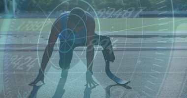 Athlete preparing to run with data processing image over track. Sports, running, performance, technology, fitness, training clipart