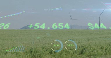 Wind turbines in field with financial data processing image over landscape. Sustainability, renewable, energy, windpower, eco-friendly, green clipart