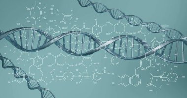 DNA iplikçiklerinin dönüşünü inceleyen bilimsel veri görüntüsü. Küresel bilim, bağlantılar, hesaplama ve veri işleme kavramı dijital olarak oluşturulmuş görüntü.