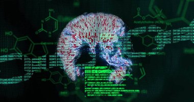 Veri işleme ve kimyasal formül üzerindeki küre ve zincir görüntüsü siyah zemin üzerinde. Küresel iş, teknoloji ve dijital arayüz kavramı, dijital olarak oluşturulmuş görüntü.