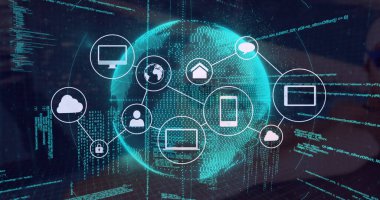 Dünya çapında veri işleme ve ortam simgeleri. Teknoloji, iş ve dijital arayüz kavramı dijital olarak oluşturulmuş görüntü.