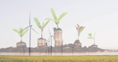 Wind turbines in field with growing plants over coins image. Renewable, energy, sustainability, investment, growth, green