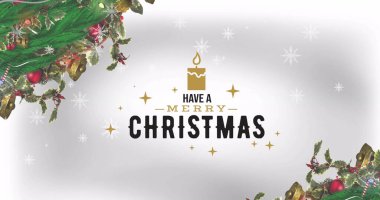 Dekorasyonların üstündeki mutlu noel mesajının resmi. Noel, kutlama ve dijital arayüz kavramı dijital olarak oluşturulmuş görüntü.