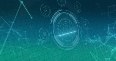 Ağ ve işleme verileri üzerinden veri koruma metni ve biyometrik güvenlik tarayıcısı görüntüsü. Güvenlik, ağ, veri, dijital arayüz ve küresel iletişim, dijital olarak oluşturulmuş görüntü.